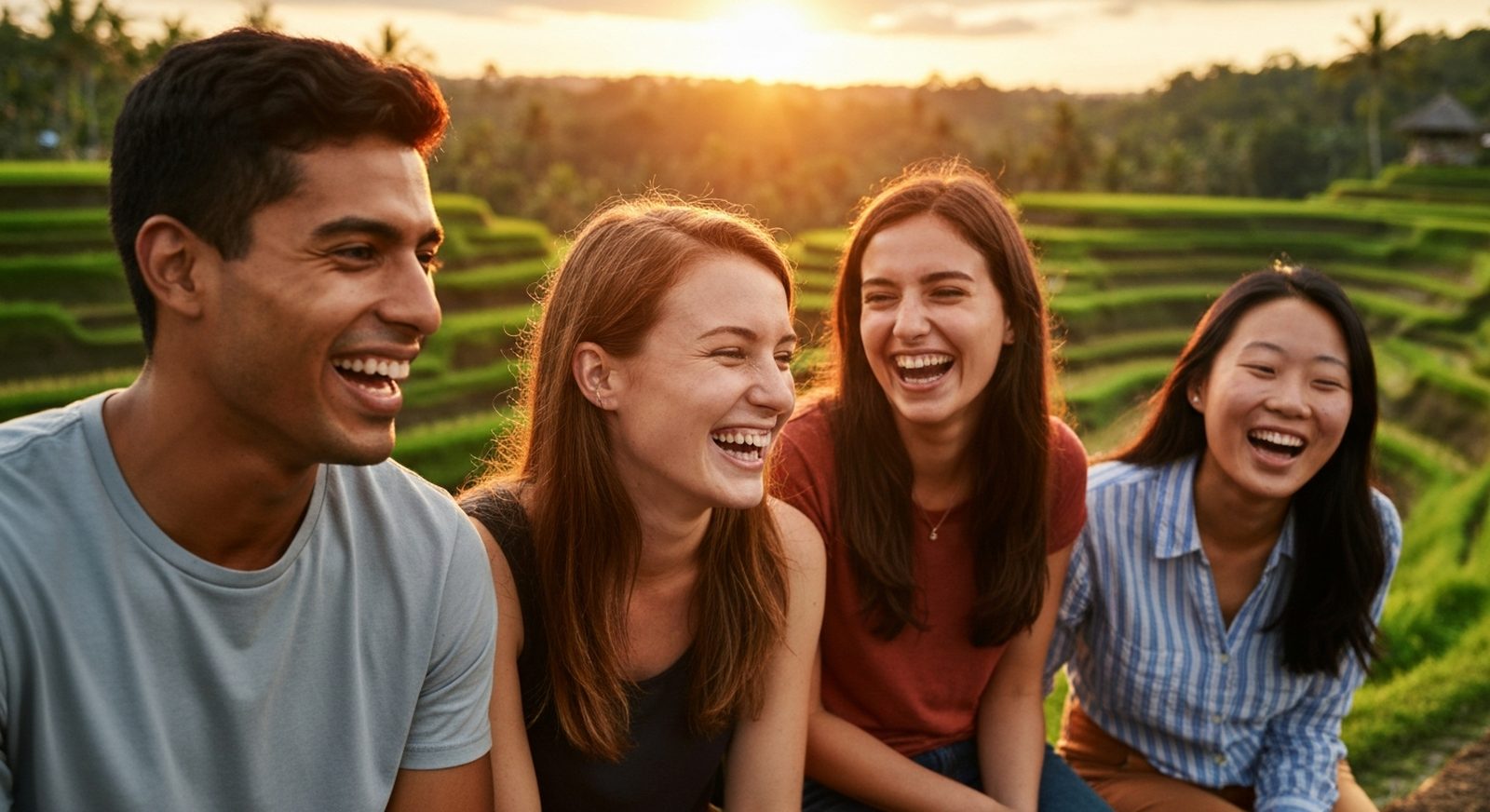 International students laughing in Bali rice terraces at sunset