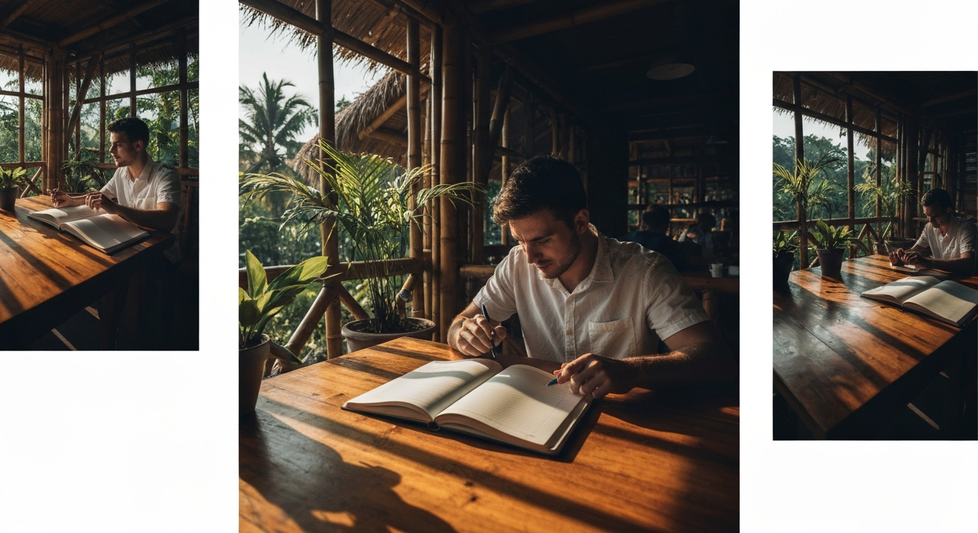 Young professionals collaborating in tropical Bali workspace representing global education