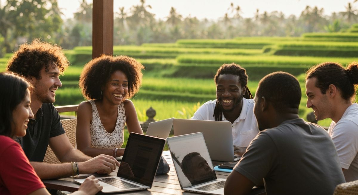 EX Academy students collaborating in a sunlit Bali workspace